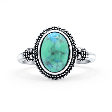 Petite Dainty Vintage Style Simulated Turquoise Ring Solid Oval Oxidized 925 Sterling Silver